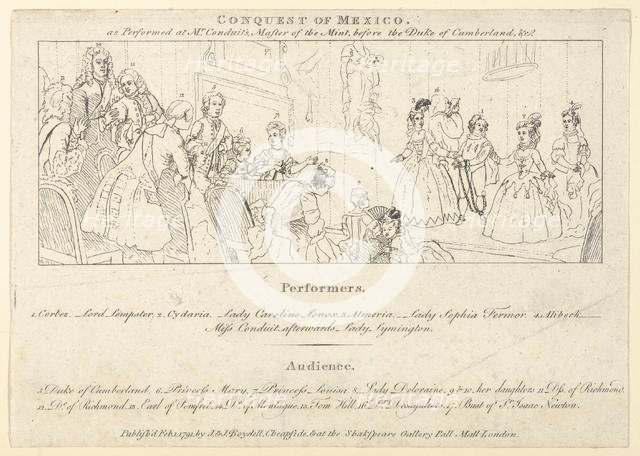 Key with List of Performers to: The Indian Emperor, or, The Conquest of Mexico..., February 1, 1791. Creator: Unknown.