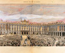 Alphonse XII, entry into the palace of Oriente in 1875, colored engraving of 'La Ilustración Espa…