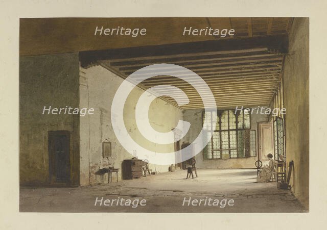 Spacious, sparsely furnished room with three spinning wheels, a spinner at work to the..., c1851. Creator: Carl Theodor Reiffenstein.