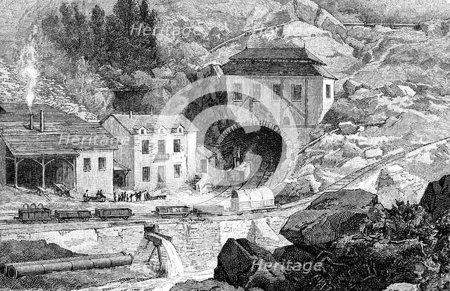 Entrance of the railroad in Saint - Gotthard tunnel in Swiss Alps, engraving, 1882.
