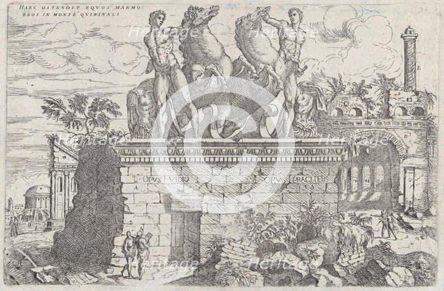 Roman ruins with the horse tamers (Dioscuri) on the Quirinal Hill, 1730-60. Creator: Giovanni Battista Pittoni.