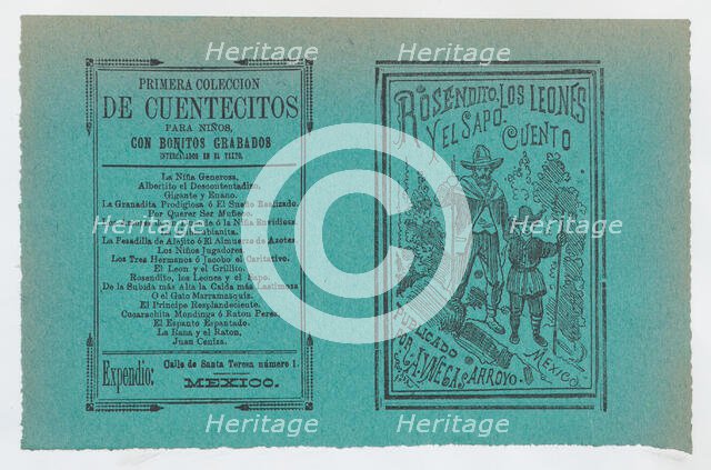 Cover for 'Rosendito, Los Leones, y El Sapo', a young boy and man holding walking..., ca. 1890-1910. Creator: José Guadalupe Posada.