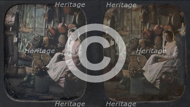 [Woman in Apron and Bonnet Grinding Coffee in Kitchen Setting], 1850s. Creator: Unknown.