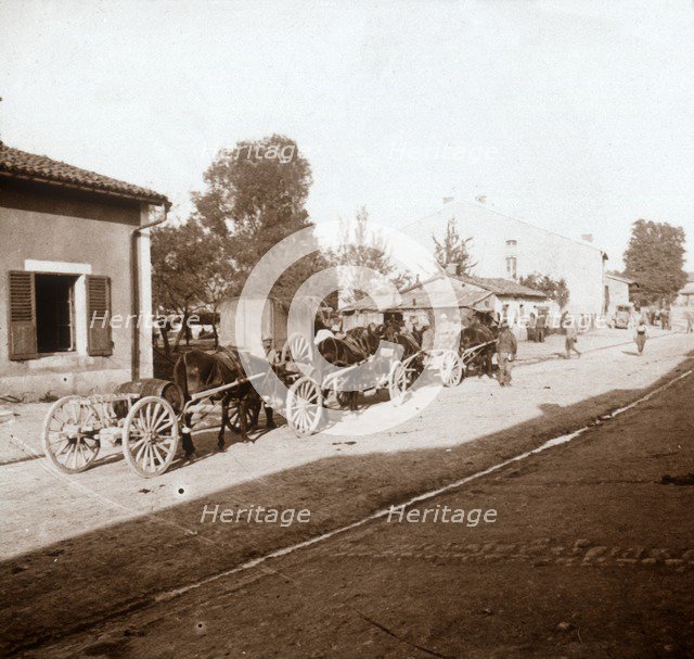 Mule wagons with supplies, Verdun, northern France, c1914-c1918. Artist: Unknown.