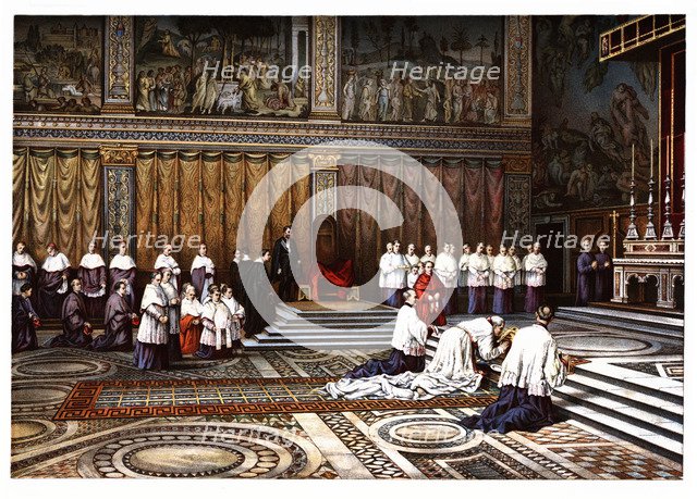 Pontifical ceremonies. Adoration of the Cross in the Sistine Chapel. Color engraving from 1871.