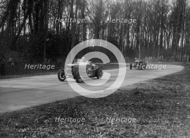 MG Magnette and Frazer-Nash Byfleet II racing at Donington Park, Leicestershire, 1930s. Artist: Bill Brunell.