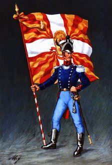 Flag bearer from the canton of Genève, c. 1815. Color engraving from 1943, published by Editions …