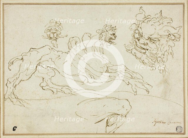 Four Sketches: Griffin, Grotesque Head, Head of Satyr, Bent Leg, 1590/94. Creator: Agostino Carracci.