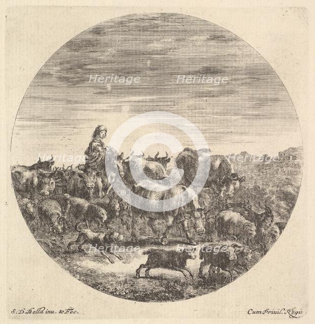 A peasant woman seated on a horse to left, facing right, surrounded by a herd of fc..., ca. 1643-48. Creator: Stefano della Bella.