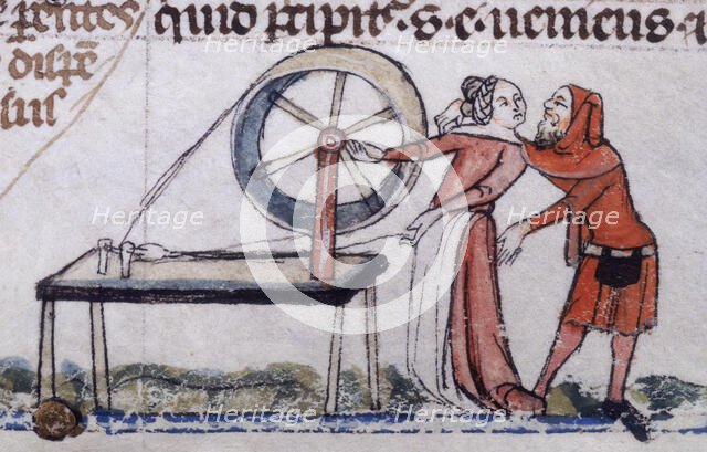 A woman being distracted from her spinning, early 14th century.  Creator: Unknown.