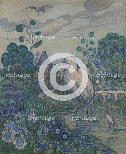 Herons in a Lush Landscape, 1917. Creator: Andreas Schneider.