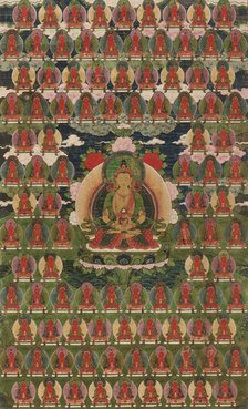 Painted Banner (Thangka) of Amitayus Buddha Surrounded by One Hundred Buddhas, 19th century. Creator: Unknown.