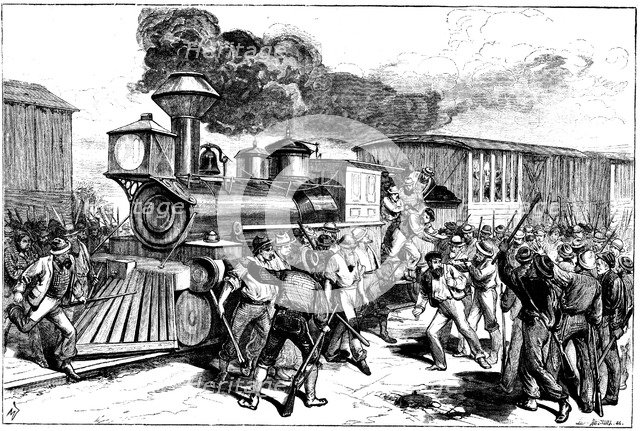 Riot by railway workers at Martinsbury on the Baltimore and Ohio Railroad, August, 1877. Artist: Unknown