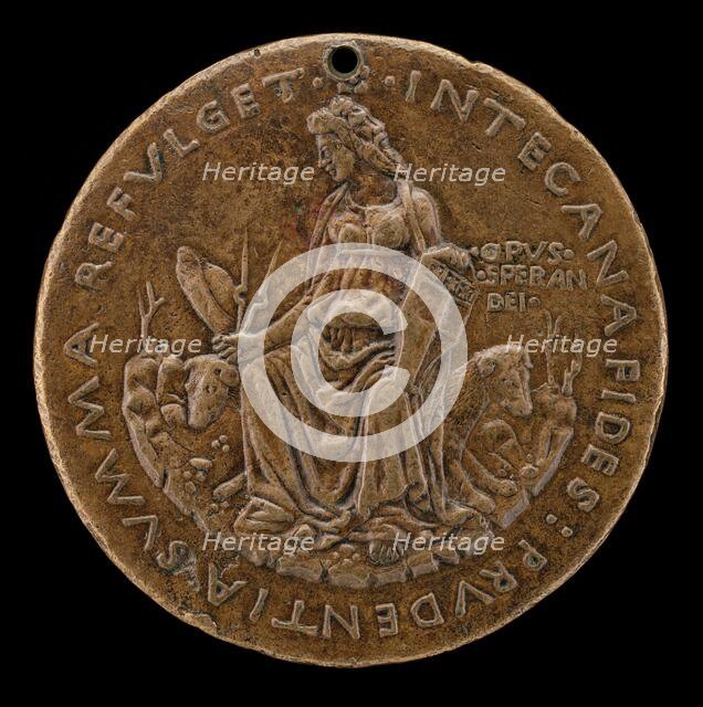 Prudence Seated on Two Hounds Holding Manfredi Shield [reverse], c. 1463. Creator: Sperandio Savelli.