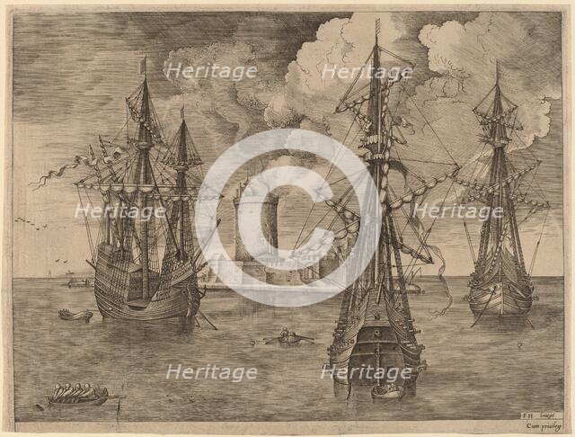 Four-Master (Left) and Two Three-Masters Anchored near a Fortified Island with a Lighthouse,1565. Creator: Frans Huys.