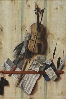 Trompe l'oeil with Violin, Music Book and Recorder, 1672. Creator: Gijsbrechts, Cornelis Norbertus (before 1657-after 1675).