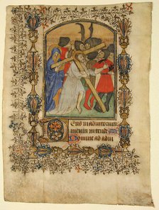 Manuscript Leaf from a Book of Hours Showing an Illuminated Initial D and Christ..., 1390-1400. Creator: Unknown.