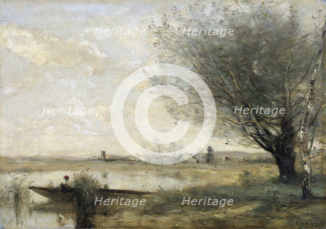 'Fisherman moored at a bank', 1865-70.  Artist: Jean-Baptiste-Camille Corot.