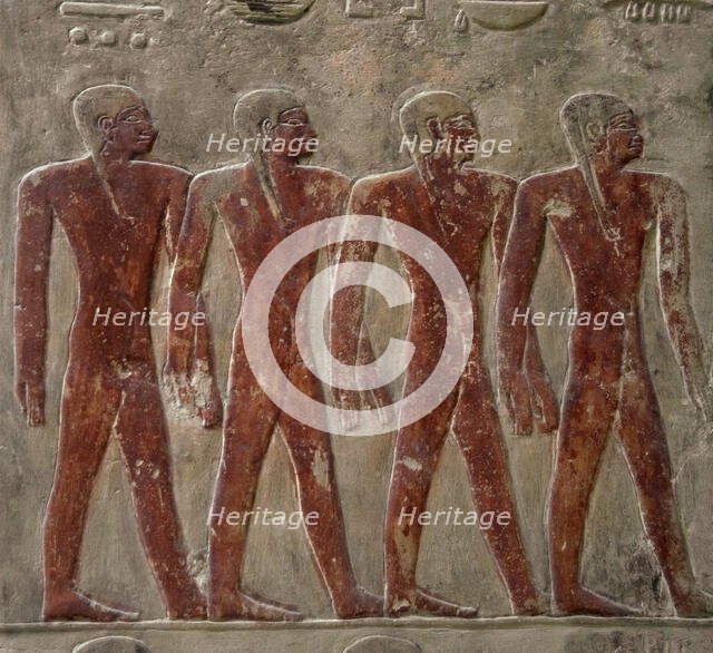 Polychrome relief depicting four young men..., Mastaba of Mereruka, Saqqara, Egypt, 2340 BC (2003). Creator: Unknown.