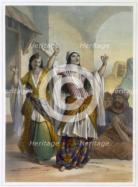 Egyptian dancing girls performing the Ghawazi at Rosetta, Egypt, 1848. Artist: Achille Deveria