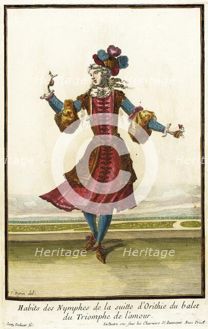 Recueil des modes de la cour de France, 'Habits des Nymphes de la Suitte d'Orithie du..., 1703-04. Creators: Jean Berain, Jean Lepautre, Jacques Le Pautre.