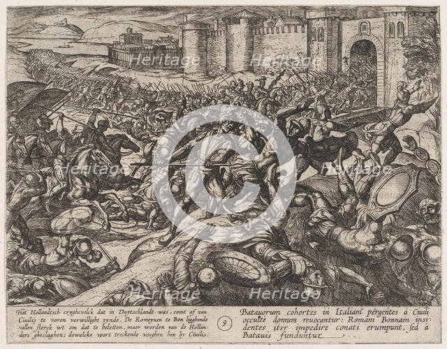 Plate 9: The Romans Defeated by the Dutch Troops at Bonna, from The War of the Romans Agai..., 1611. Creator: Antonio Tempesta.