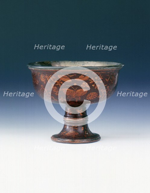 Lacquer stem cup with Buddhist emblems and butterflies, Ming dynasty, China, 17th century. Artist: Unknown