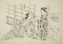 The Sakaki Chapter from "The Tale of Genji" (Genji Sakaki), from a series of Genji parodies, c.1710. Creator: Okumura Masanobu.
