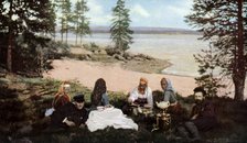 Karelians having tea by a river, near Archangel, Russia, c1930s. Artist: Unknown