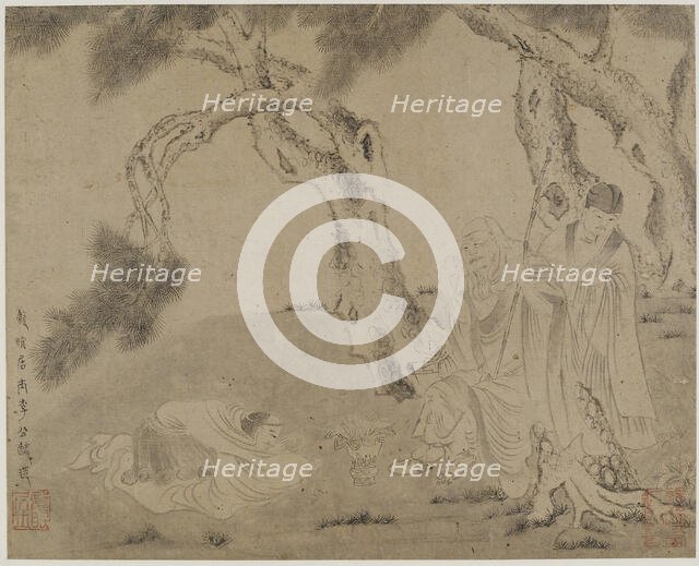 Luohan, attendant, and worshipper under pines, Yuan or Ming dynasty, 1279-1644. Creator: Unknown.