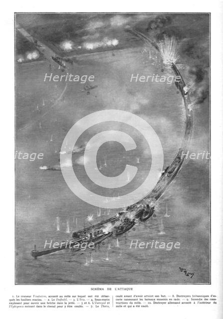 'L'attaque navale de Zeebrugge et Ostende; A Zeebrugge: Schema de l'attaque', 1918. Creator: Unknown.