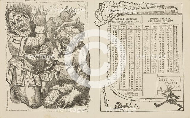 Train timetable and scene from the Crystal Palace pantomime, mid-late19th century.  Creator: Unknown.