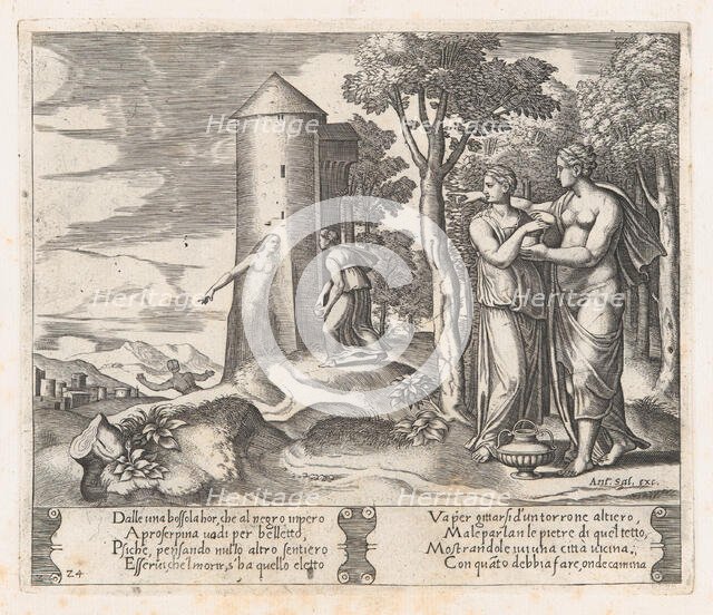 Plate 24: Venus and Psyche standing at right, pointing to the underworld at center, int..., 1530-60. Creator: Master of the Die.