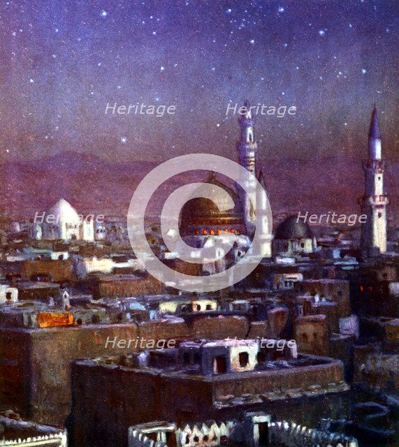View of Medina, Arabia, by moonlight, showing the dome of the Tomb of the Prophet, 1918. Artist: Etienne Dinet