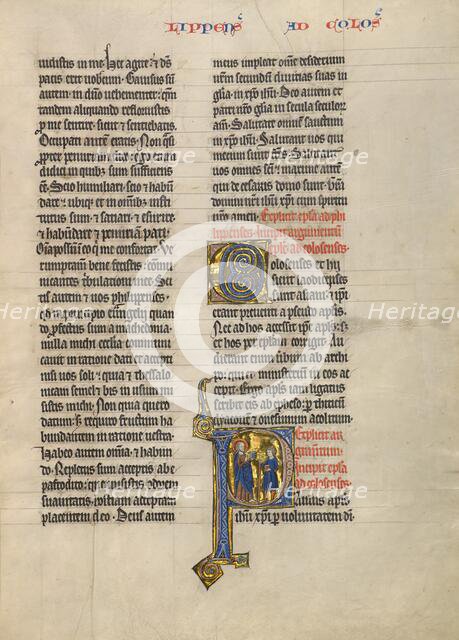 Initial P: Saint Paul and a Messenger with Books; Concluding Volume of a Bible, about 1260-1270. Creator: Unknown.