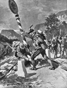 'les premieres operations Italiennes; les "Alpini" renversent le poteau frontiere', 1915. Creator: G d'Amalo.