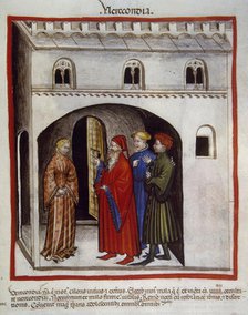 Woman embarrassed before a group of men, 14th century.  Creator: Unknown.
