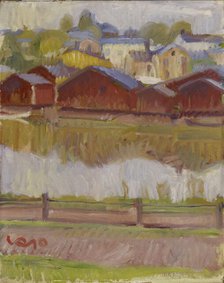 Riverside Sheds in Porvoo, 1910. Creator: Valle Rosenberg.