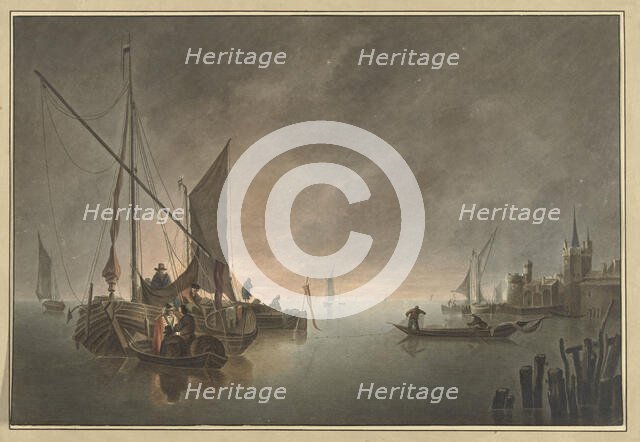 Ships in front of a walled city at sunset, 1730-1771. Creator: Jan Matthias Cok.