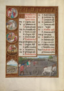 September Calendar Page: Plowing and Sowing: Scorpio; Spinola Hours, about 1510-1520. Creator: Workshop of the Master of James IV of Scotland.