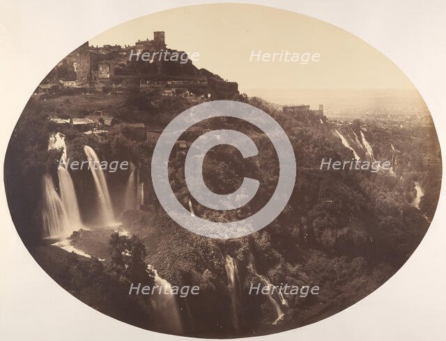 The Valley of the Anio, with the Upper and Lower Cascatelle, Mecenas's Villa, and Dista..., by 1858. Creator: Robert MacPherson.