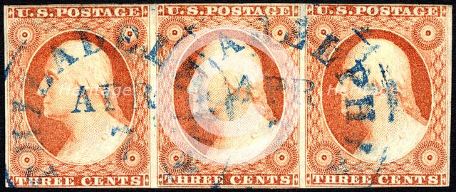 3c Washington imperforate strip of three, c. 1852. Creator: Unknown.