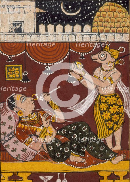 Harinaigameshin Brings the Embryo of Jina Mahavira to Queen Trishala..., Mid-17th century. Creator: Unknown.