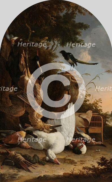 A Hunter’s Bag near a Tree Stump with a Magpie, Known as ‘The Contemplative Magpie’, c.1678. Creator: Melchior d'Hondecoeter.