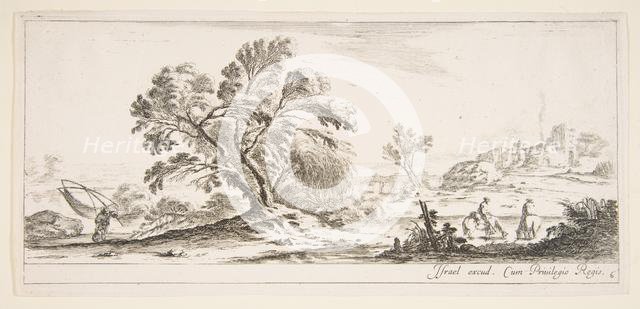 Plate 6: a fisherman carrying a net to left, two horsemen in a stream to right, a tree..., ca. 1641. Creator: Stefano della Bella.
