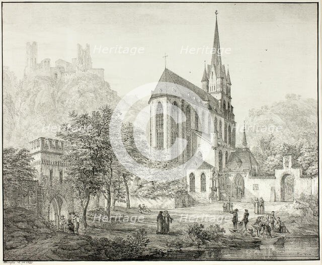 Collegiate Church of Our Lady, with Castle Schoenberg at Oberwesel on the Rhine, 1822. Creator: Domenico Quaglio II.