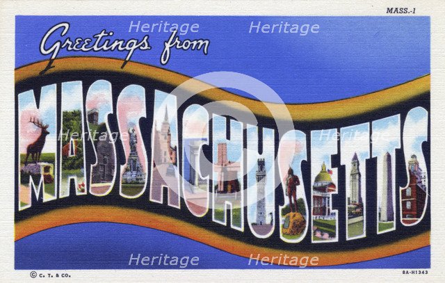 'Greetings from Massachusetts', postcard, 1938. Artist: Unknown