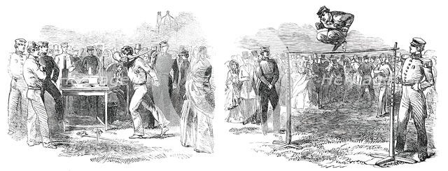 Athletic Games at the Royal Military Academy, Woolwich - Running High Jump, 1850. Creator: Unknown.