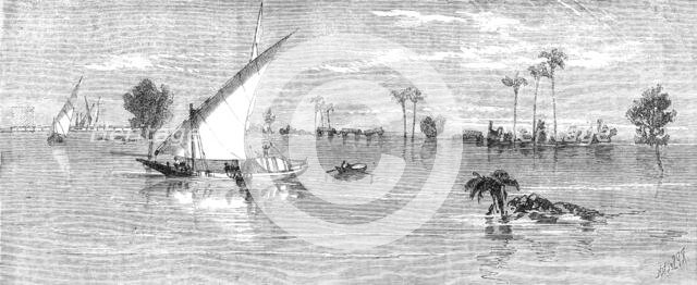 Inundation of the Nile: view below Kafr Zayat, showing the railway-bridge, and train off..., 1861. Creator: Richard Principal Leitch.