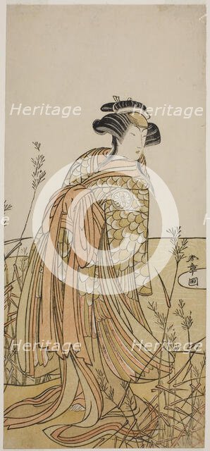 The Actor Segawa Kikunojo III as Spirit of a Mandarin Duck (Oshidori) Disguised as Taga..., c. 1775. Creator: Shunsho.